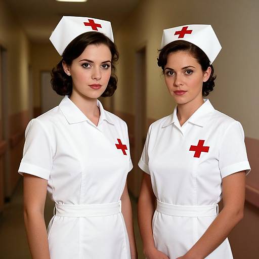 Photograph of two young, fair-skinned women with dark hair, wearing white nurse uniforms and caps with red crosses, standing in a dimly lit