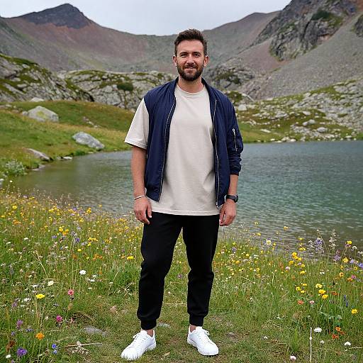 Photograph of a bearded man with short dark hair, wearing a white t-shirt, navy jacket, black pants, and white sneakers, standing in