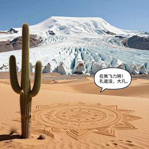Photograph of a desert with a tall cactus in the foreground, intricate sand mandala, and a snow-capped mountain in the background. Japanese