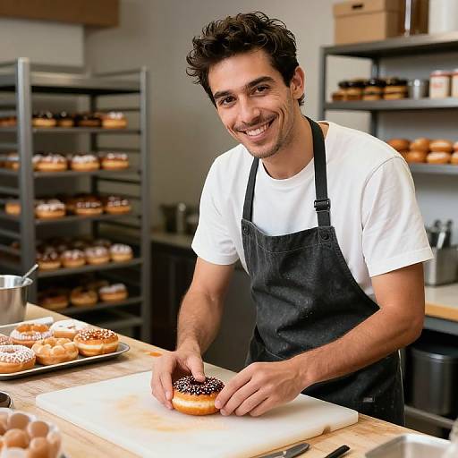 Photograph of a smiling young man with dark curly hair, wearing a white shirt and black apron, decorating a chocolate-covered donut in a bakery