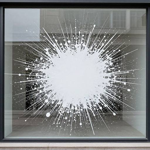 Photograph of a white, radial explosion splatter in the center of a glass-framed window, with blurred urban building background.