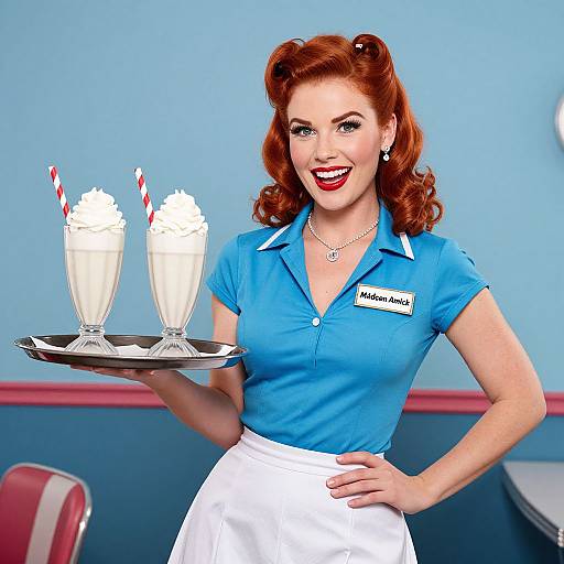 Vintage-style photograph of a red-haired, fair-skinned waitress in a blue shirt and white apron, holding a tray with two milkshakes and