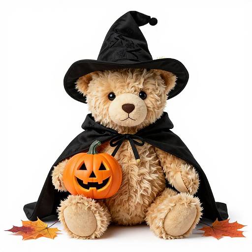 Cute, fluffy teddy bear in a black witch hat and cape, holding a carved orange pumpkin with a smiling face. Autumn leaves scattered around.
