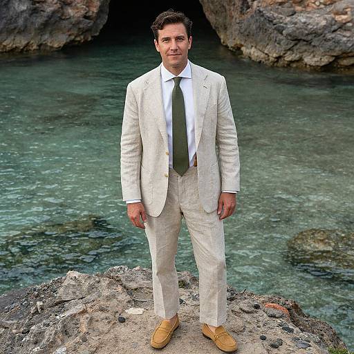 Photograph of a handsome man with short dark hair, wearing a white suit, green tie, and tan shoes, standing on a rocky ledge by clear