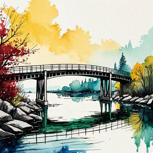 Vibrant Watercolor Urban Bridge Art