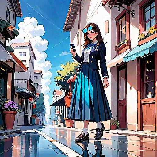 Freckled Anime Schoolgirl Checking Phone Outdoors