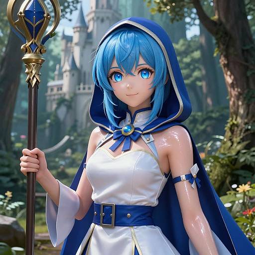 Epic Blue-Haired Girl in Castle Forest