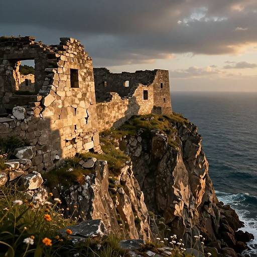Photograph of a sunlit, ruined stone castle perched on a rugged cliff by the ocean, with dramatic clouds and sunset light.