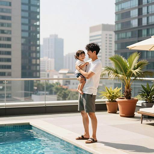 Sunlit Rooftop Play: Father and Toddler