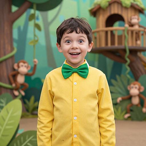 Photograph of a smiling young boy with dark hair, wearing a yellow shirt and green bow tie, in a jungle-themed setting with cartoon monkeys and a