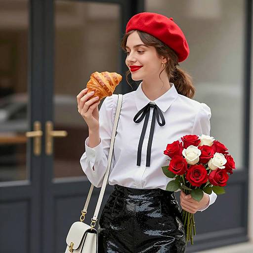 Chic Woman with Croissant and Roses