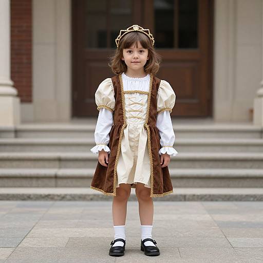 Photograph of a young girl in a white dress with brown velvet pinafore, white puffed sleeves, white socks, black shoes, and a