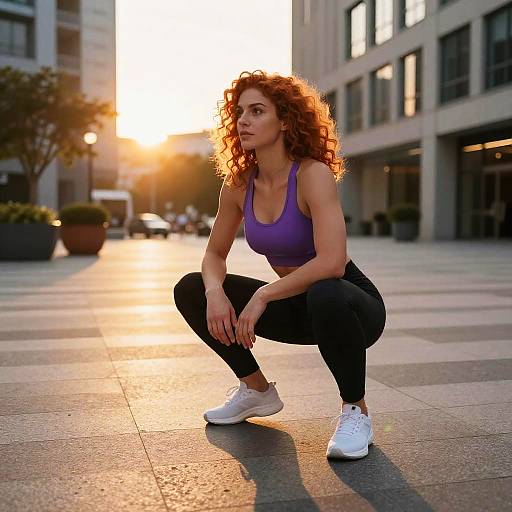 Photograph of a fit, curly-haired woman in a purple sports bra and black leggings, squatting in an urban plaza at sunset, wearing white sneakers