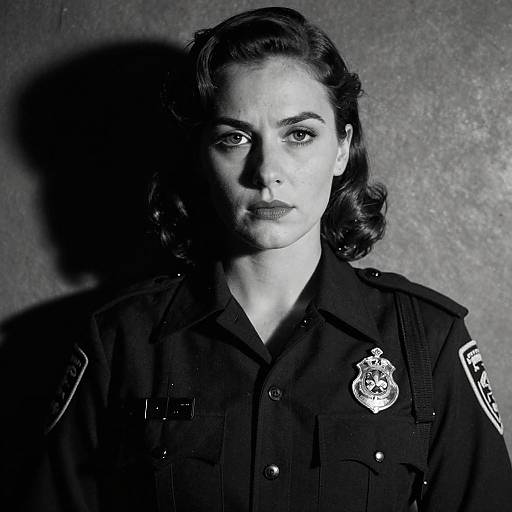 Black-and-white photograph of a serious, dark-haired, 1940s-style woman in a police uniform, with a badge and shadowed background.