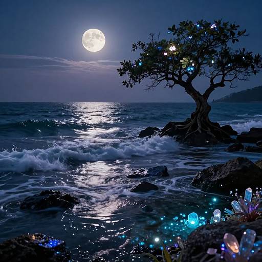 Photograph of a moonlit ocean scene with a glowing, illuminated tree on rocky shores, surrounded by bioluminescent crystals and sparkling waves.
