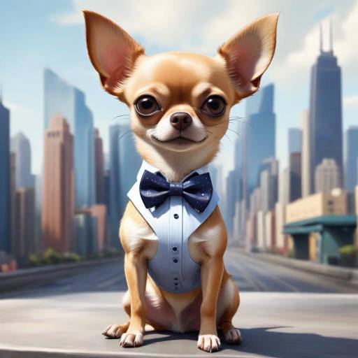 Chihuahua with Blue Bow Tie in Cityscape