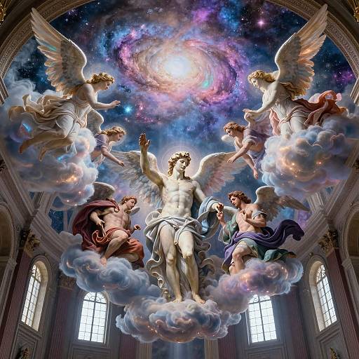 Photorealistic digital painting of a celestial scene with a central, muscular, winged Christ surrounded by angels with flowing robes, floating on clouds, beneath