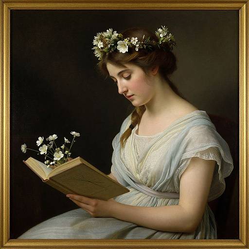Classical painting of a young woman with brown hair, wearing a white dress and floral crown, reading a book with flowers. Dark background, golden frame