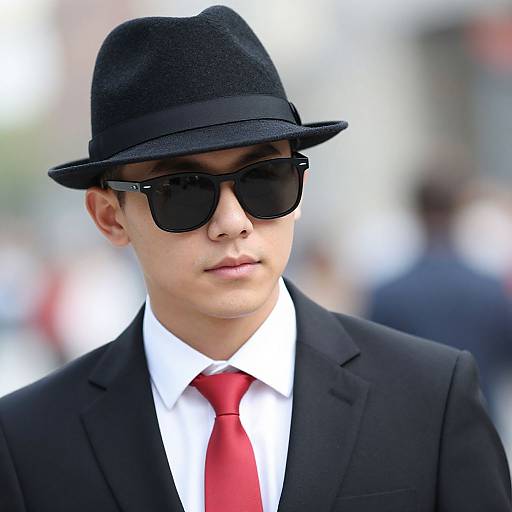 Photograph of a young man in a black suit, white shirt, red tie, black fedora, and dark sunglasses, with a blurred city background