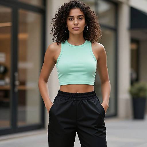 Photograph of a fit, curly-haired woman with medium brown skin, wearing a light turquoise crop top and black pants, standing confidently with hands in pockets