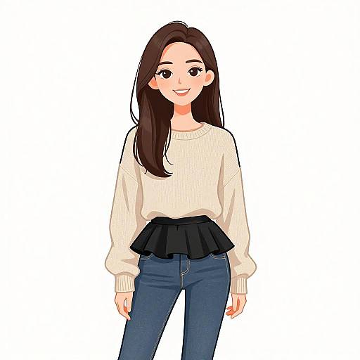 Digital anime-style drawing of a smiling young woman with long brown hair, wearing a cream sweater, black skirt, and blue jeans.
