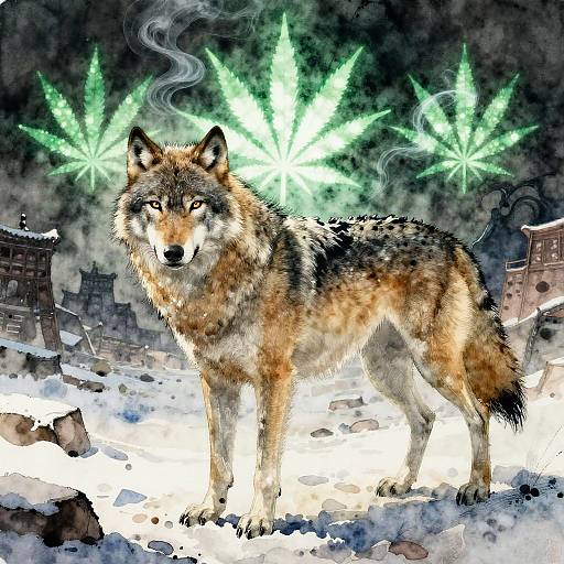 Digital artwork of a wolf with intense yellow eyes, standing in snowy ruins, with glowing green cannabis leaves in the background.