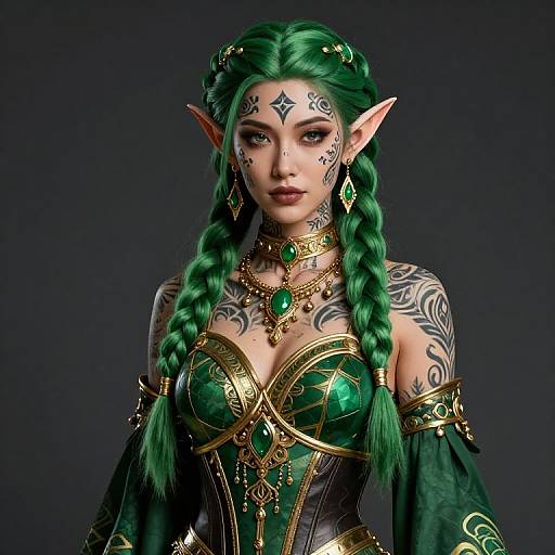 Digital artwork of an elven woman with green braided hair, pointed ears, green and gold armor, tattoos, and green gemstone accessories, set