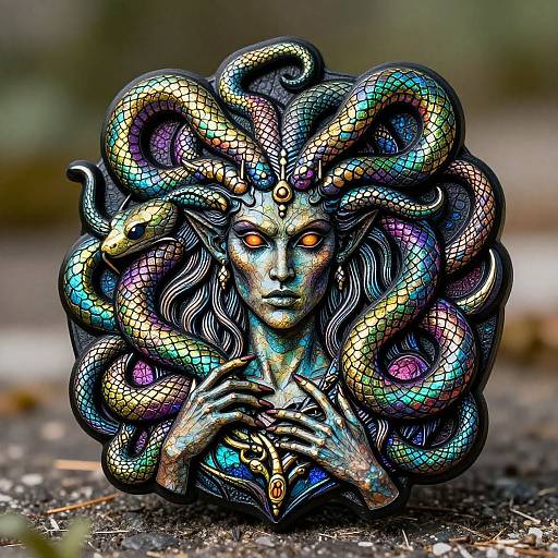 Photograph of a detailed, colorful, mythical statue featuring a serpentine-haired, glowing-eyed female figure with hands clasped, set against a blurred