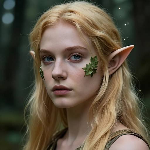 Photorealistic CGI of a fair-skinned, blonde elf woman with pointed ears, green leaf tattoos on her cheeks, blue eyes, and wavy