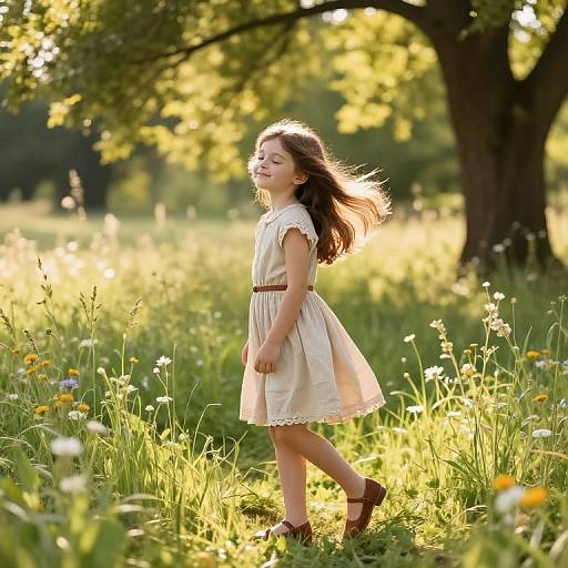 Photograph of a young girl with long brown hair, wearing a cream dress and brown shoes, walking in a sunlit meadow of wildflowers and