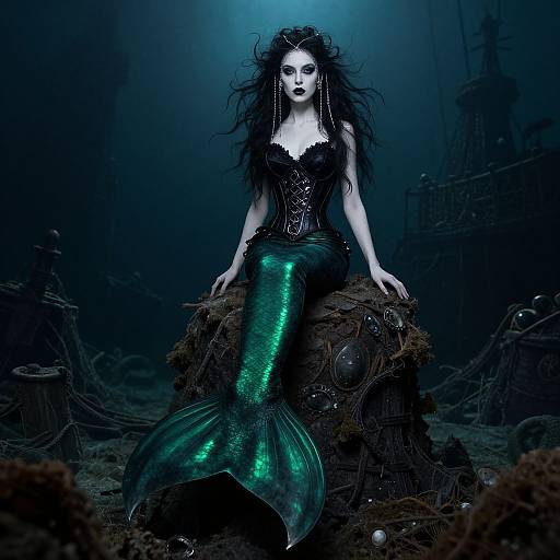 Digital artwork of a pale, dark-haired mermaid with black lace top and green, shimmering tail, sitting on a seaweed-covered rock in a