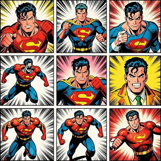 Comic-style grid of Superman, showing dynamic poses and expressions in red and blue costumes with yellow 'S' logo, against vibrant backgrounds.