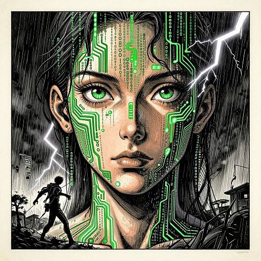 Digital comic-style illustration of a green-eyed girl with circuitry patterns on her face, surrounded by dark stormy skies and lightning, with silhouet