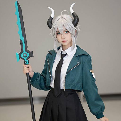 Fantasy Character Cosplay with Horns and Futuristic Weapon