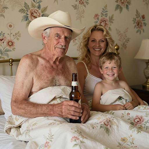 Elderly Man with Family in Cozy Bedroom