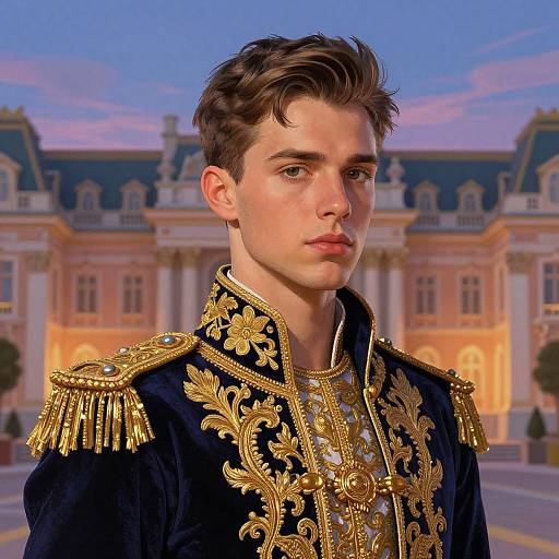 Photorealistic digital portrait of a young man with short brown hair, wearing an ornate black and gold military-style uniform, standing in front of a