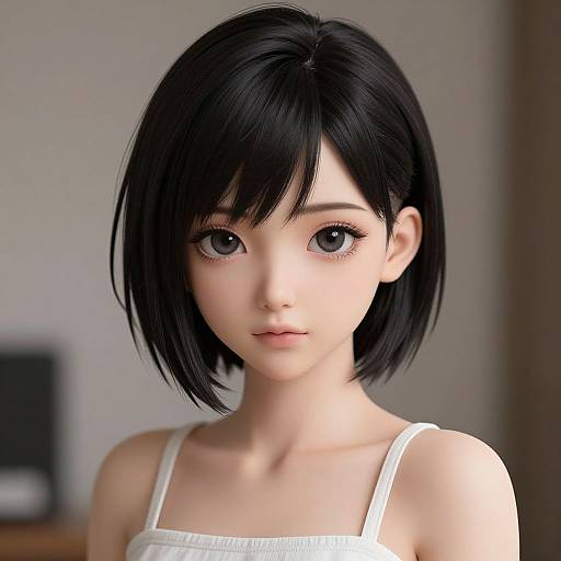 Digital anime-style portrait of a young Asian girl with large, expressive black eyes, short black hair, and a white tank top.