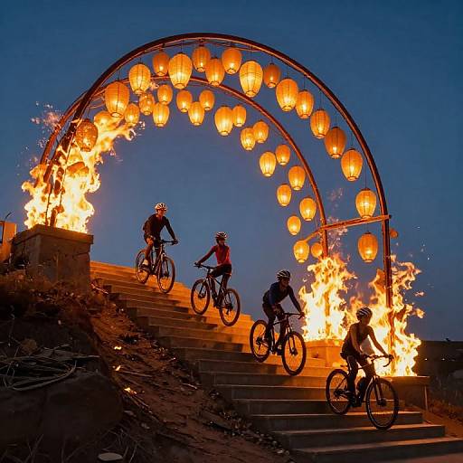 Photograph of three cyclists in helmets riding up stairs under a fiery archway of glowing lanterns at twilight.