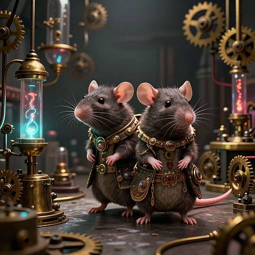 Photorealistic CGI of two anthropomorphic mice in steampunk attire, standing side-by-side in a dimly lit, gear-filled workshop.