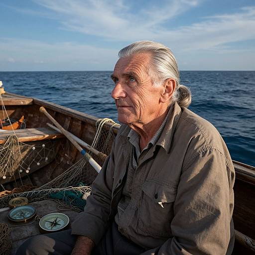 Photograph of an elderly man with white hair, wearing a brown shirt, sitting in a wooden boat on a blue ocean under a clear sky. Fishing