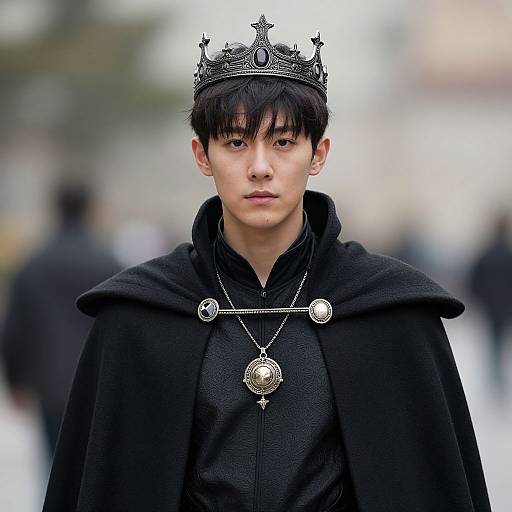 Photograph of a young man with pale skin, black hair, and serious expression, wearing a black crown, black cloak, and ornate silver neck