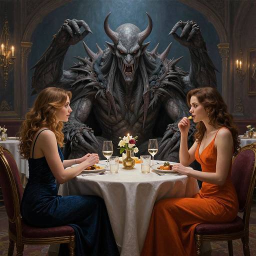 Photograph-style digital art: Two elegantly dressed women in blue and orange dresses dine at a table, facing a menacing, horned demon with claws