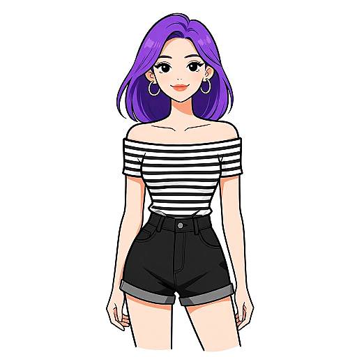 Digital anime-style drawing of a purple-haired woman with large hoop earrings, wearing a black-and-white striped off-shoulder top and high-waisted