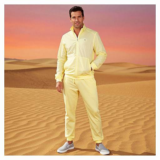 Photograph of a smiling man in a yellow tracksuit and blue sneakers standing in a desert with rippled sand dunes under a pink and orange sunset