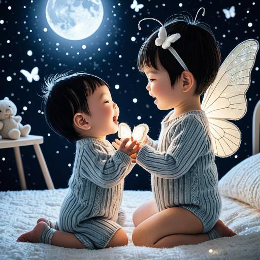 Babies Playing with Magical Butterfly in Moonlit Nursery Babies Playing with Magical Butterfly in Moonlit Nursery