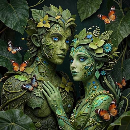 Digital art: Green, leafy, blue-eyed fairy couple with floral crowns, surrounded by vibrant butterflies, in a lush, dark forest.
