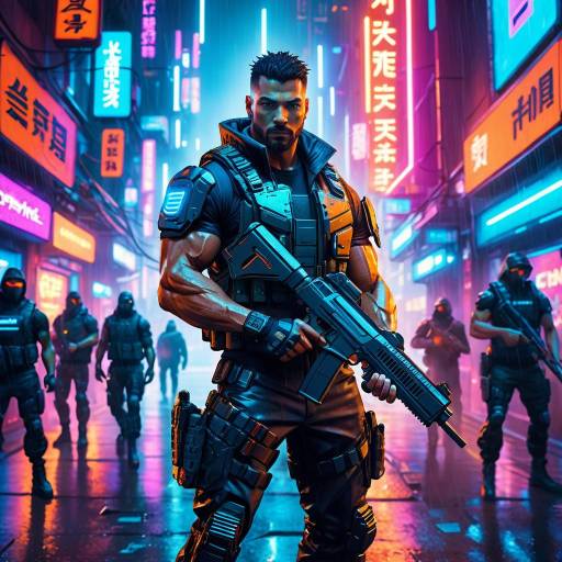Futuristic Tactical Soldier in Cyberpunk City