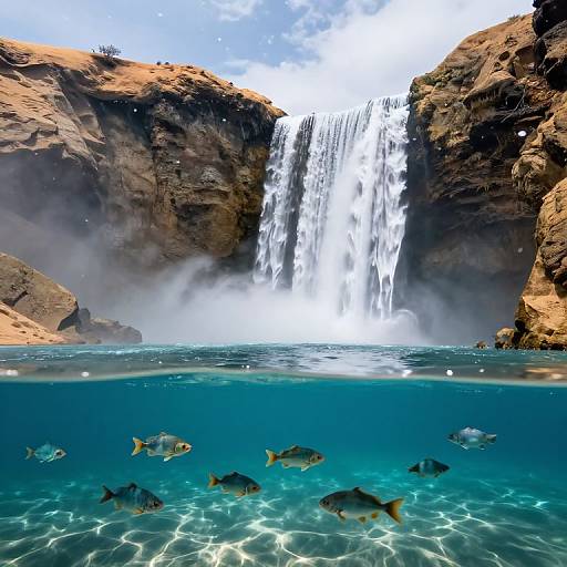 Photograph of a stunning waterfall cascading into a clear turquoise pool, with fish swimming below the surface, surrounded by rocky cliffs under a blue sky.
