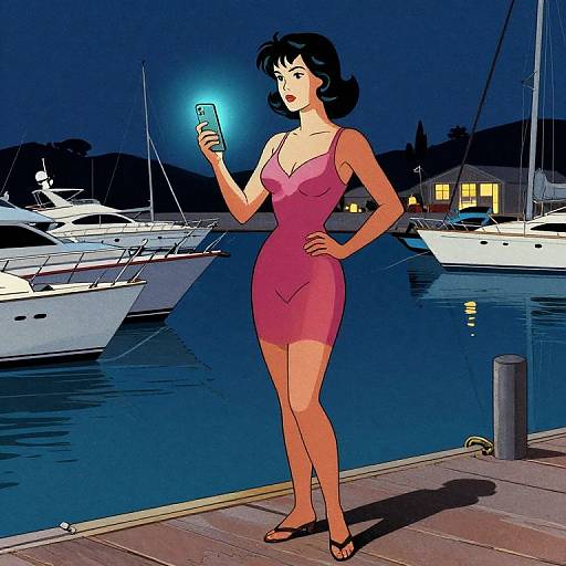 Cartoon-style drawing of a woman in a pink dress, holding a glowing phone, standing by a nighttime marina with yachts.