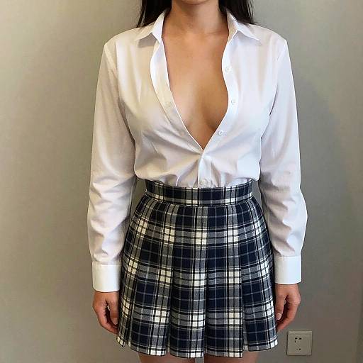 Photograph of a woman with long black hair, wearing a deep V-neck white shirt and black-and-white plaid skirt, standing against a plain gray